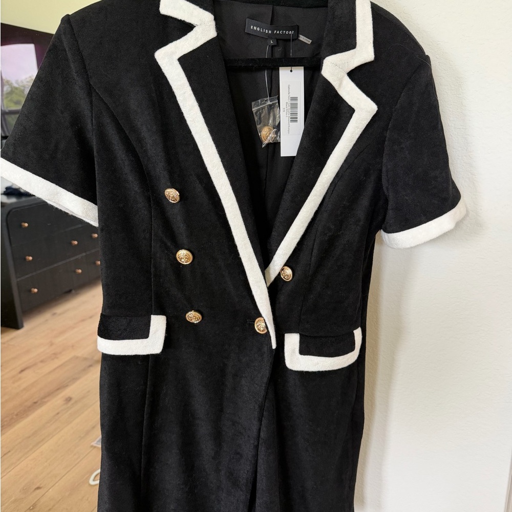 Vici Black Blazer Dress with White Trim and Gold Buttons